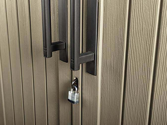 2025 Cobertizo de almacenamiento exterior Rubbermaid, 52 pies cúbicos, resistente a la intemperie, puertas con cerradura