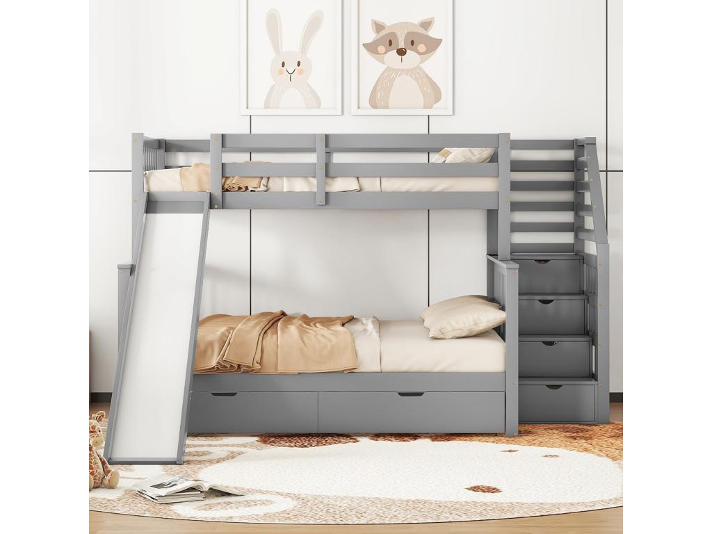 Litera de madera maciza de 90 x 200 cm y 140 x 200 cm con escalera y tobogán - Blanco NH8716789