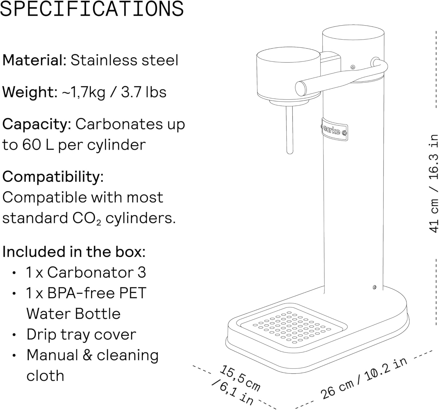 Aarke Carbonator 3, Máquina Gasificadora de Agua en Acero Inoxidable, incluye Dos Botellas (800ml), Acabado en Negro