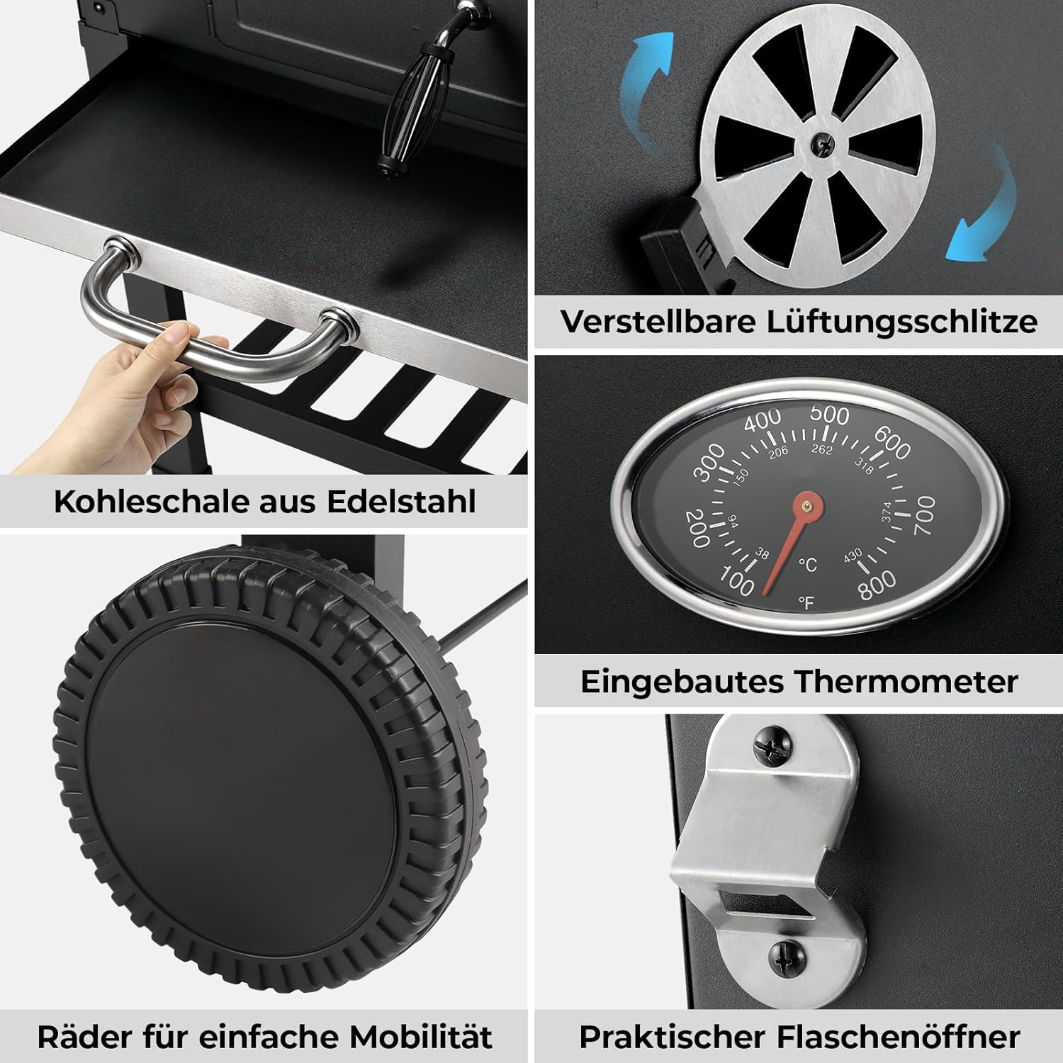 Barbacoa de Carbon XXL, Parrilla de Carbón con Chimenea y Tapa, Parrilla con Carrito BBQ Smoker con Ruedas y Termómetro, Grande BBQ Carbon para Camping y Jardín
