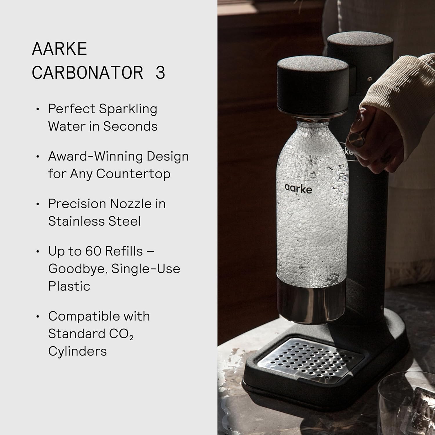 Aarke Carbonator 3, Máquina Gasificadora de Agua en Acero Inoxidable, incluye Dos Botellas (800ml), Acabado en Negro