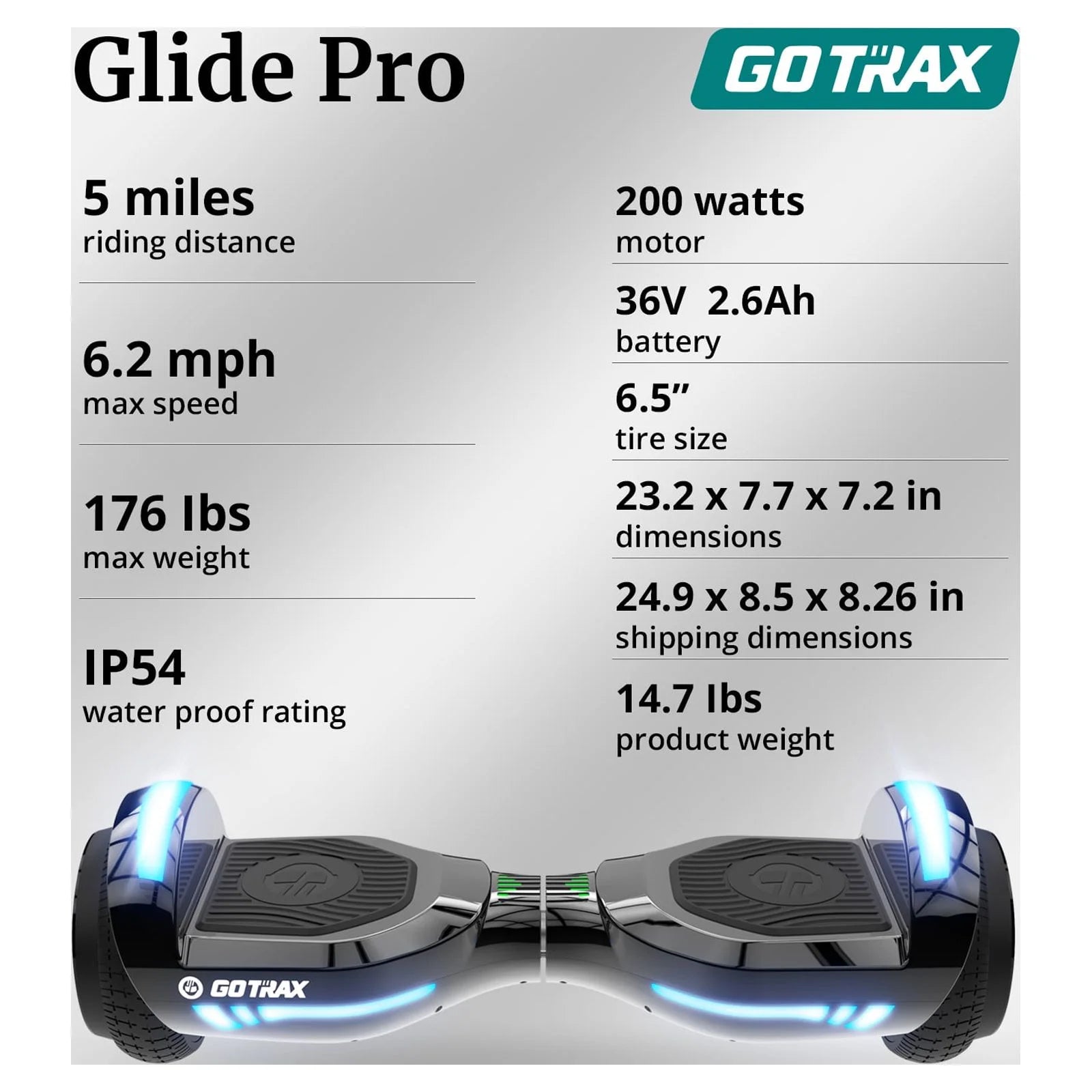 2025 Hoverboard GOTRAX GLIDE PRO con Bluetooth. ruedas de 6.5 pulgadas y luces LED multicolores de 7 colores. scooter autoequilibrado para niños y adultos (20–80 kg). color plateado