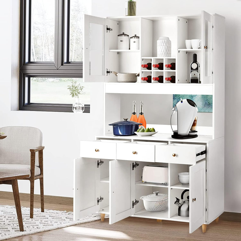 VOWNER Armario Aparador Cocina/Buffet, 100L x 38W x 181H cm, Mueble Auxiliar de Almacenaje, 5 Puertas y 5 Baldas Ajustables, Blanco