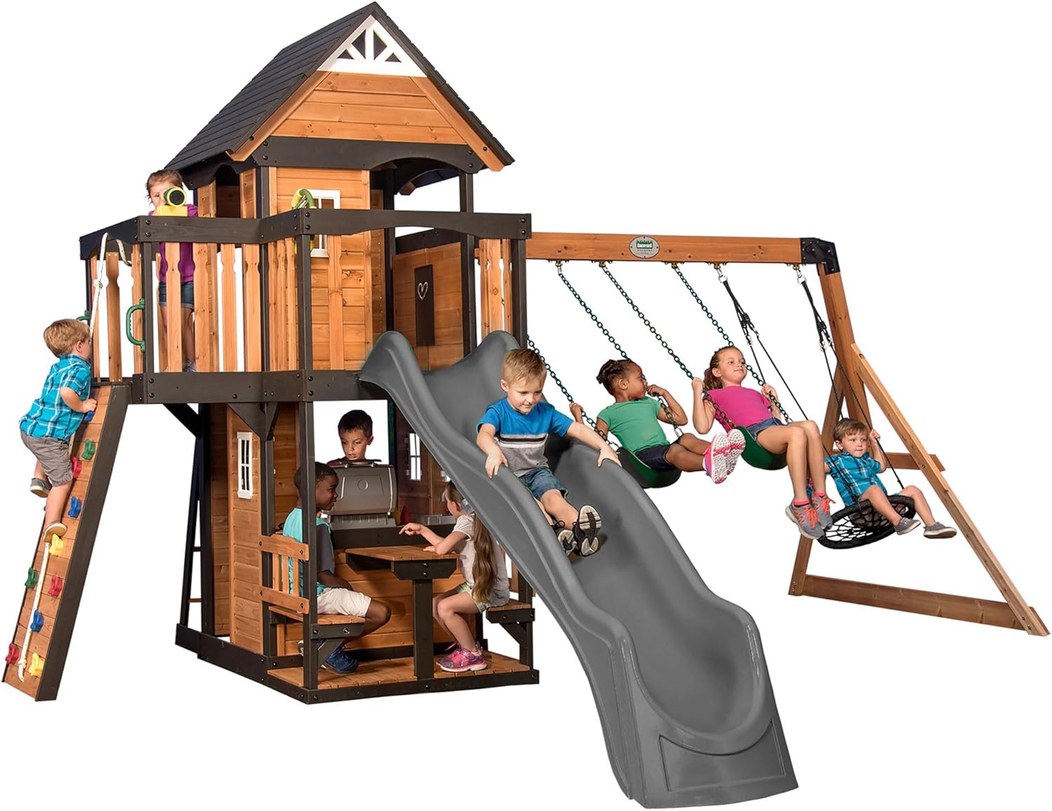 2025 Backyard Discovery Canyon Creek Set de Juego Exterior en Madera de Cedro con Tobogán. Casa en el Árbol. Columpios y Pared de Escalada