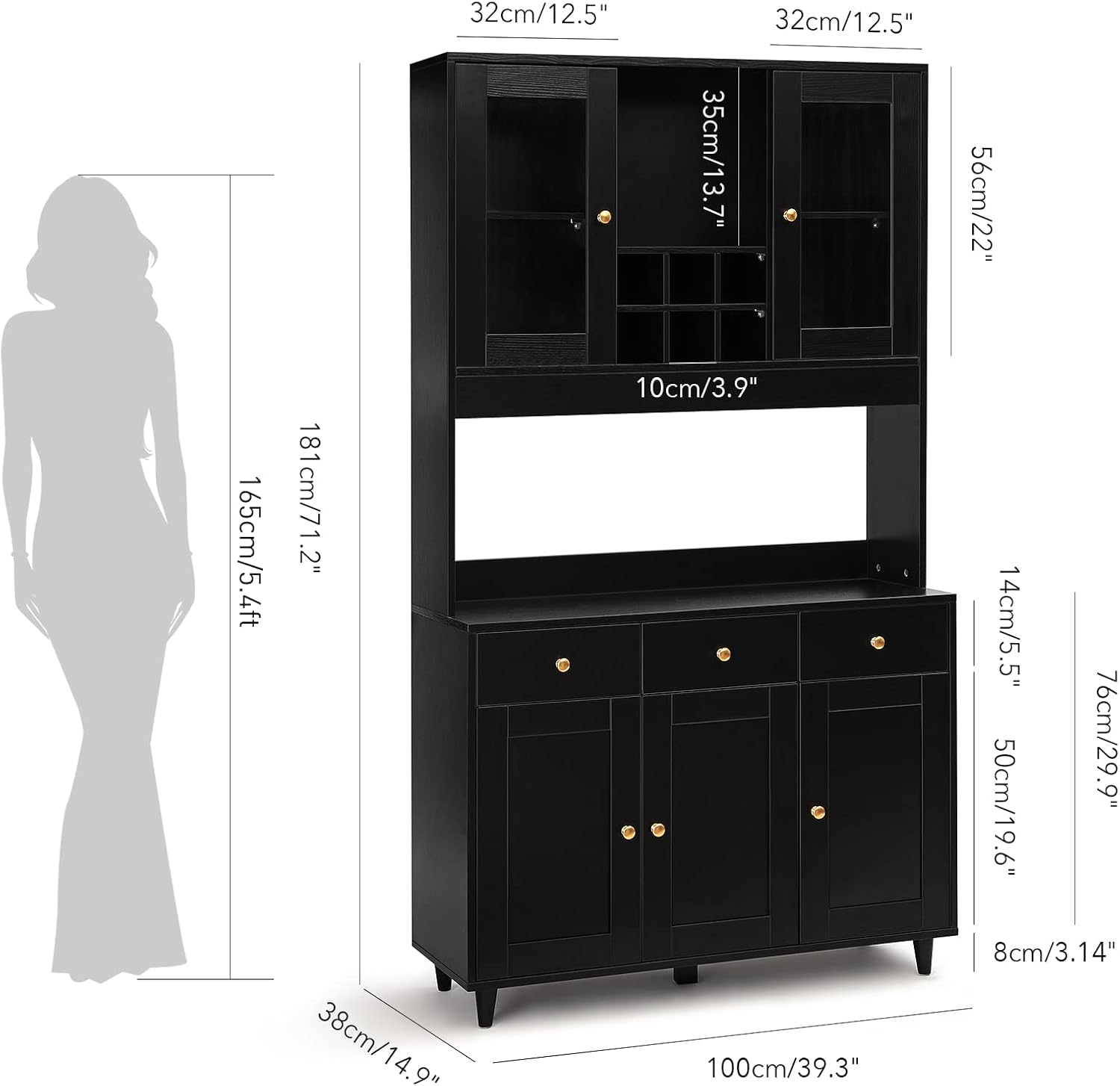 VOWNER Armario Aparador Cocina/Buffet, 100L x 38W x 181H cm, Mueble Auxiliar de Almacenaje, 5 Puertas y 5 Baldas Ajustables, Blanco