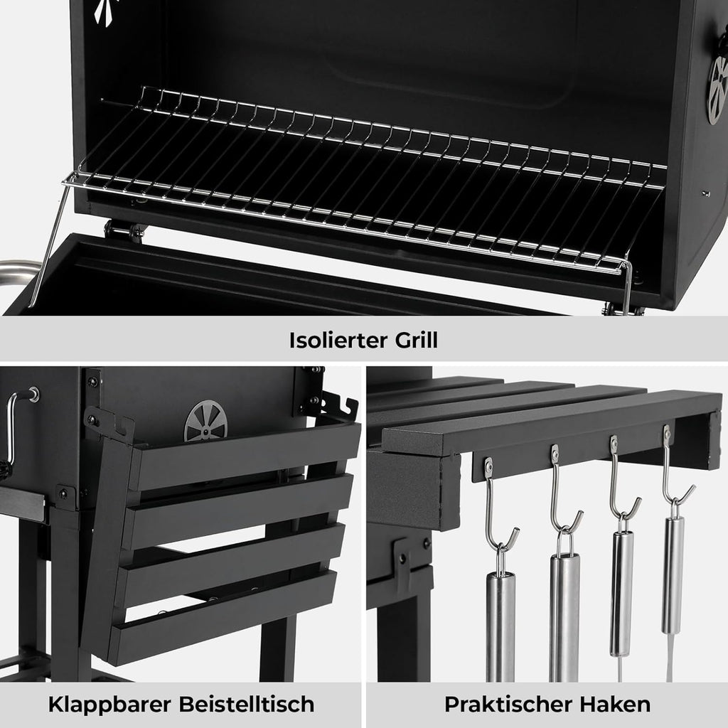 Barbacoa de Carbon XXL, Parrilla de Carbón con Chimenea y Tapa, Parrilla con Carrito BBQ Smoker con Ruedas y Termómetro, Grande BBQ Carbon para Camping y Jardín