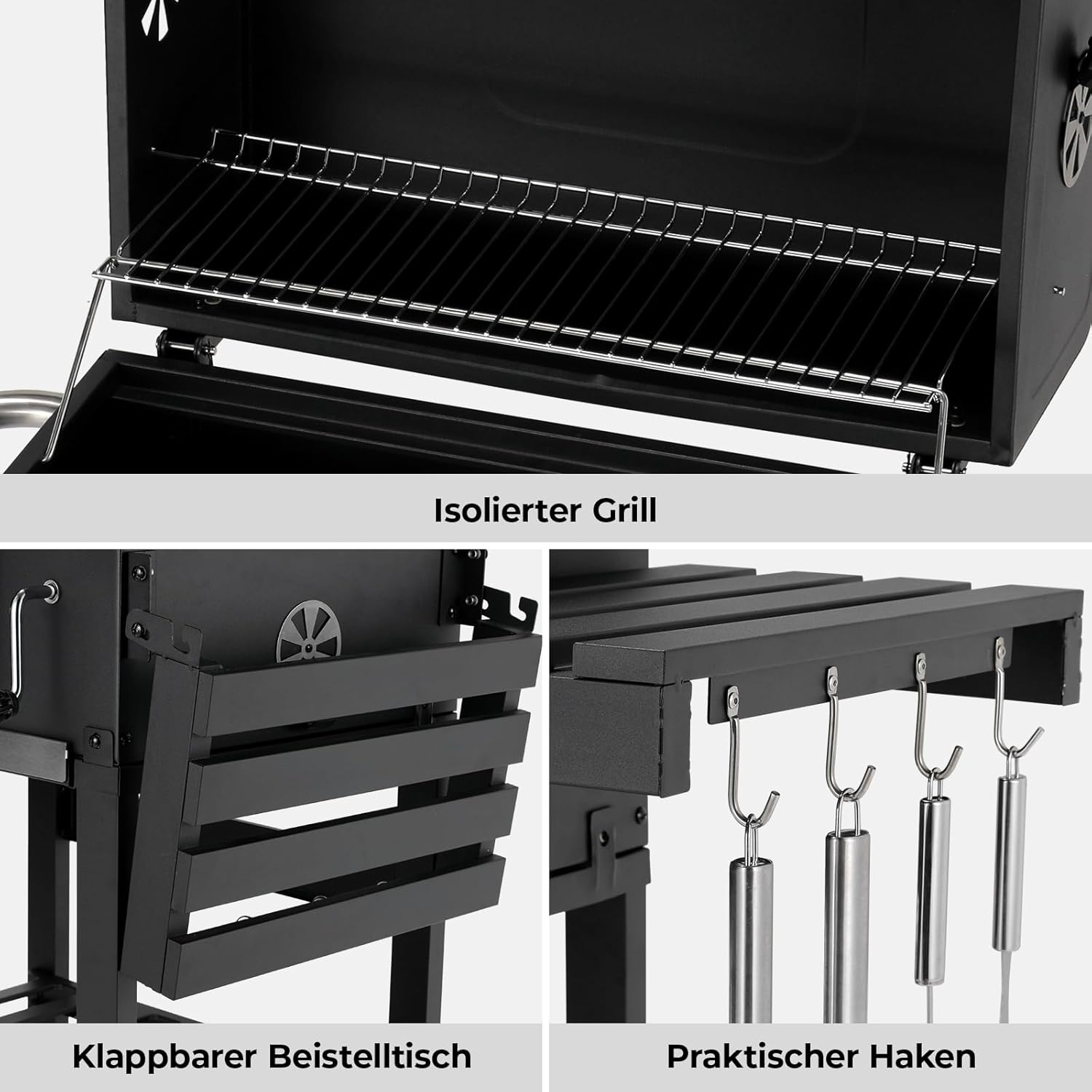 Barbacoa de Carbon XXL, Parrilla de Carbón con Chimenea y Tapa, Parrilla con Carrito BBQ Smoker con Ruedas y Termómetro, Grande BBQ Carbon para Camping y Jardín