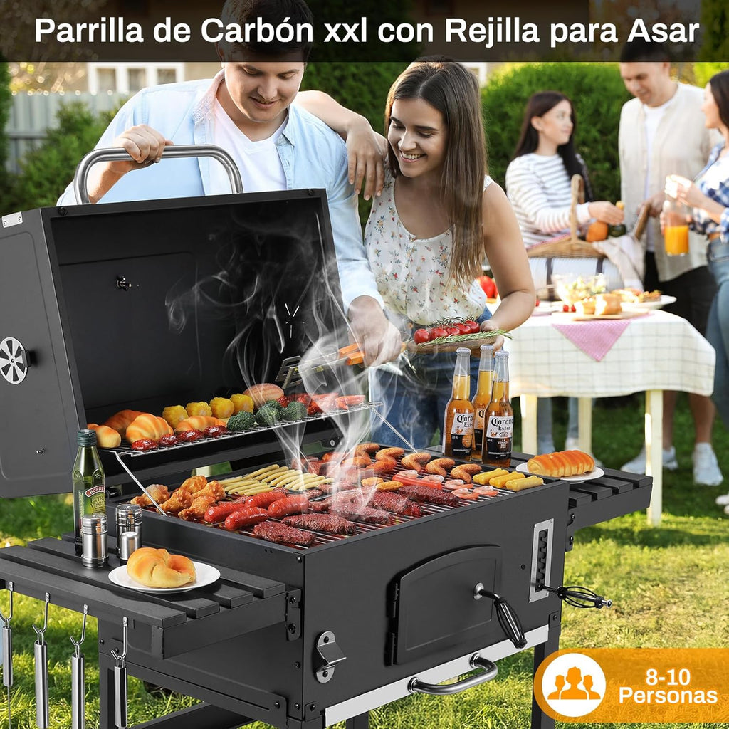 Barbacoa de Carbon XXL, Parrilla de Carbón con Chimenea y Tapa, Parrilla con Carrito BBQ Smoker con Ruedas y Termómetro, Grande BBQ Carbon para Camping y Jardín
