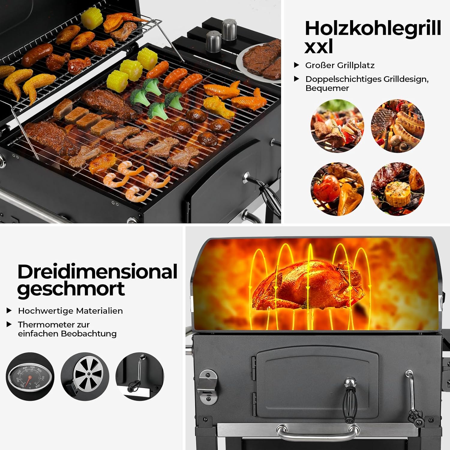 Barbacoa de Carbon XXL, Parrilla de Carbón con Chimenea y Tapa, Parrilla con Carrito BBQ Smoker con Ruedas y Termómetro, Grande BBQ Carbon para Camping y Jardín