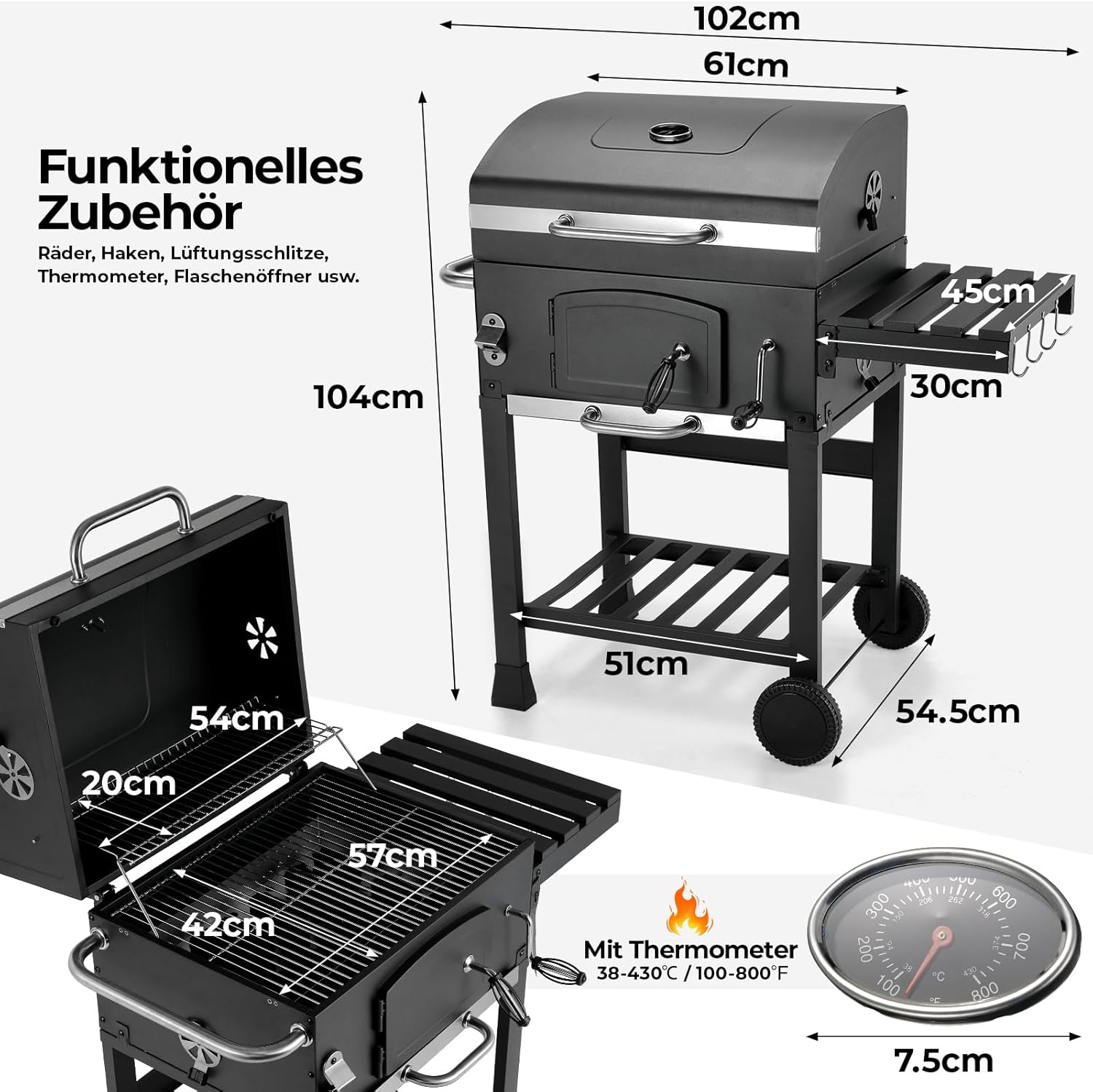 Barbacoa de Carbon XXL, Parrilla de Carbón con Chimenea y Tapa, Parrilla con Carrito BBQ Smoker con Ruedas y Termómetro, Grande BBQ Carbon para Camping y Jardín