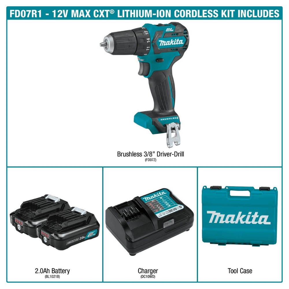 2025 Kit de Taladro-Atornillador Cordless Makita FD07R1 12V MAX CXT con Motor sin Carbón. 3/8 Pulgadas