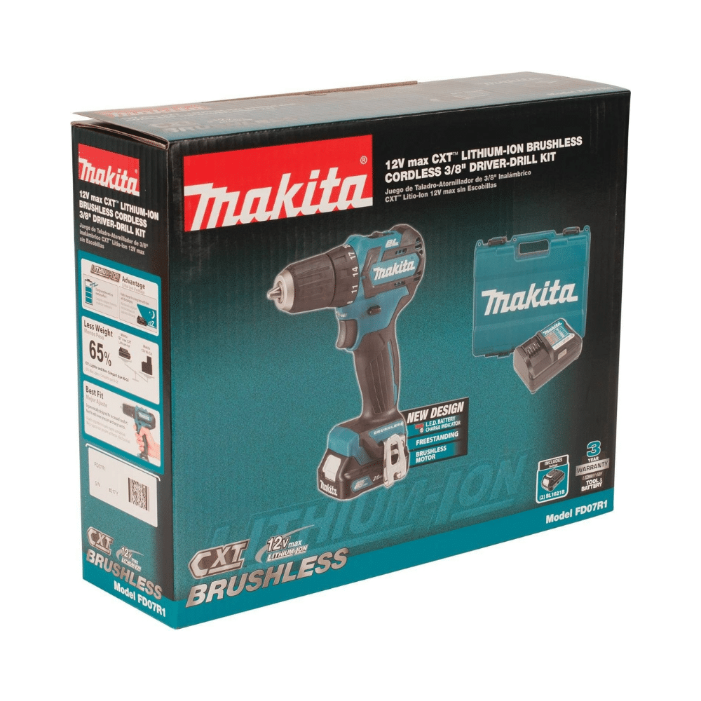 2025 Kit de Taladro-Atornillador Cordless Makita FD07R1 12V MAX CXT con Motor sin Carbón. 3/8 Pulgadas