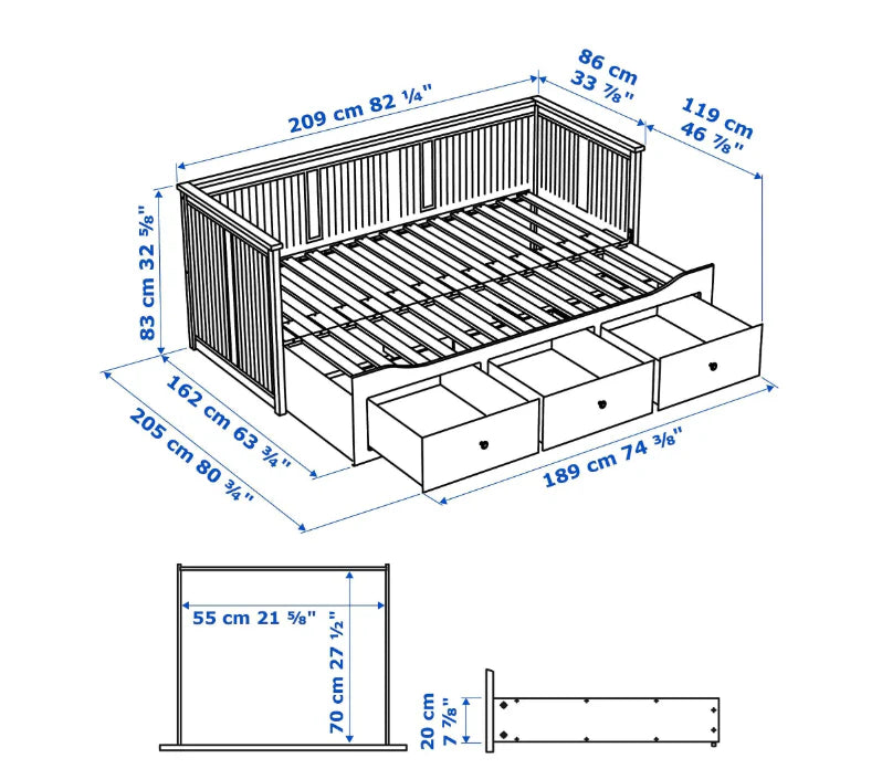 HEMNES Cama tipo diván con 3 espacios de almacenamiento, Blanco, 80x200 cm