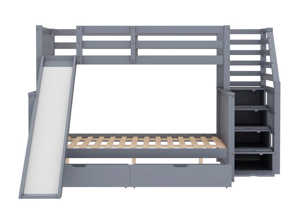 Litera de madera maciza de 90 x 200 cm y 140 x 200 cm con escalera y tobogán - Blanco NH8716789