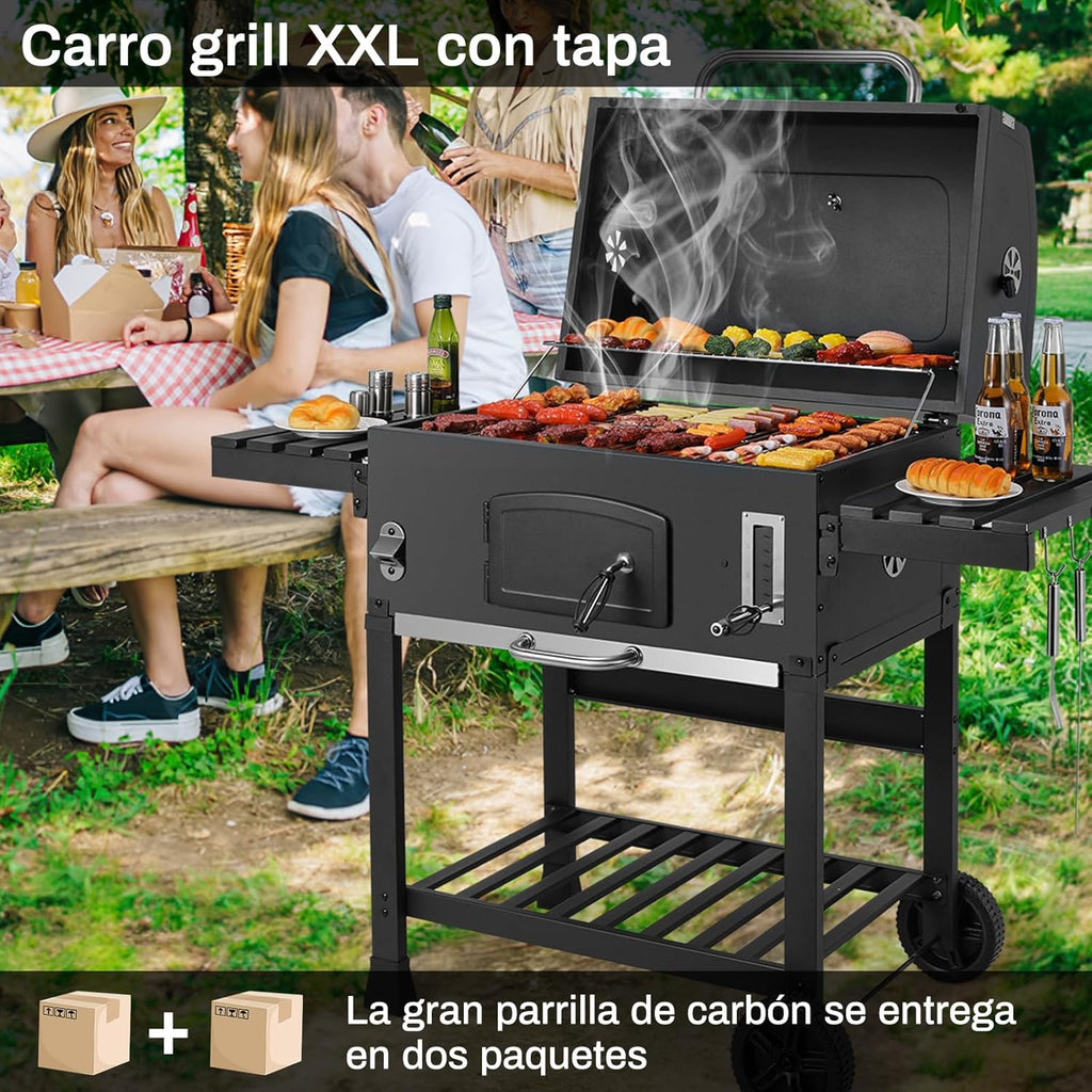 Barbacoa de Carbon XXL, Parrilla de Carbón con Chimenea y Tapa, Parrilla con Carrito BBQ Smoker con Ruedas y Termómetro, Grande BBQ Carbon para Camping y Jardín