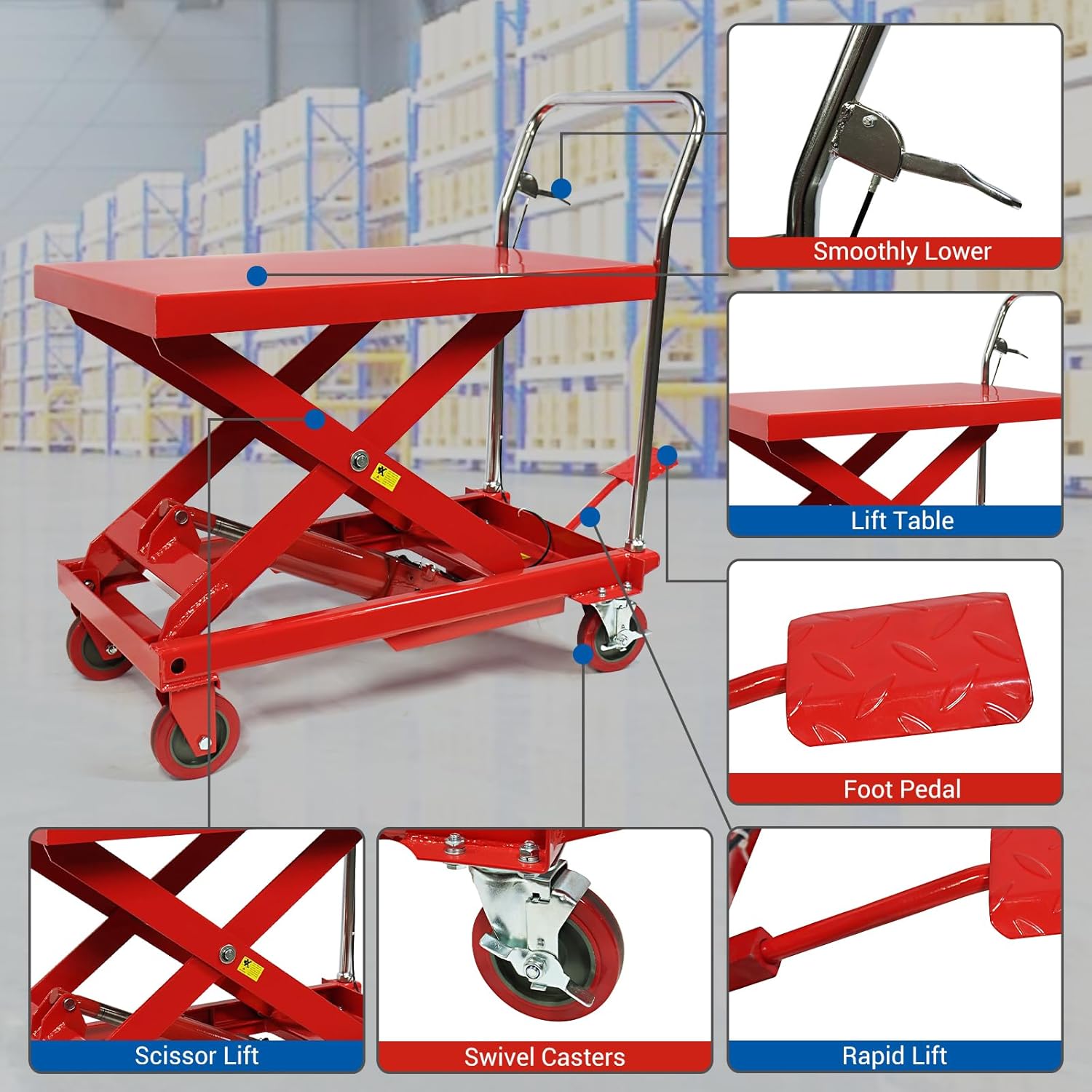 2025 Mesa elevadora hidráulica de tijera doble, capacidad 500 lbs, altura de elevación 30, carrito con 4 ruedas y base antideslizante, para manipulac